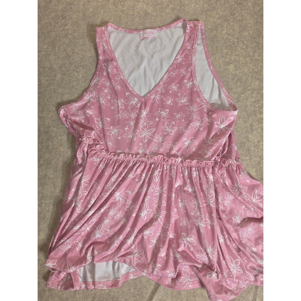 Pink Lily Floral‎ Babydoll Tank Top Pink White V-Neck Sleeveless Peplum Small